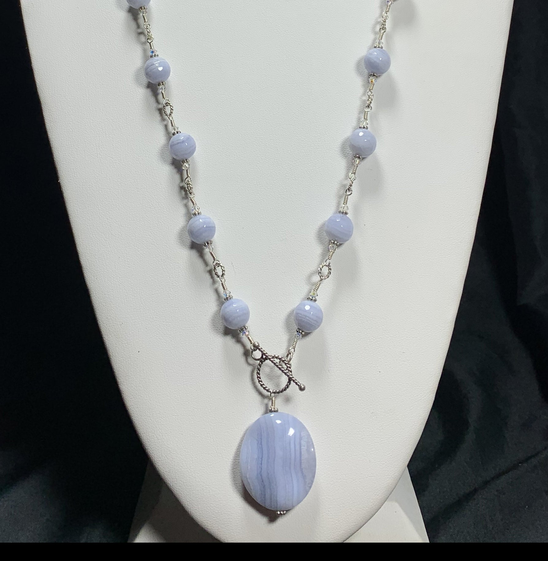 Natural Blue Lace Agate Necklace 3 Strand Genuine Beads